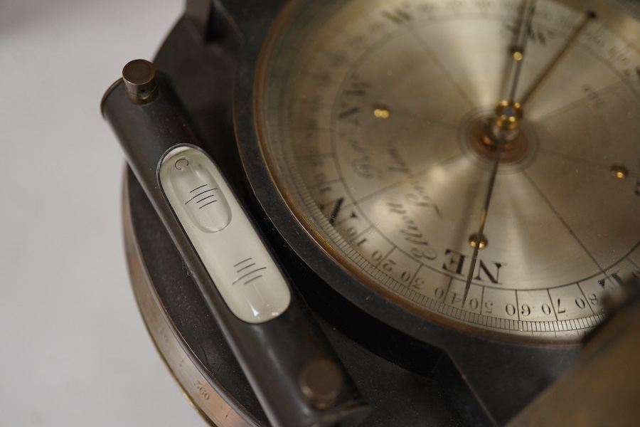 A mid 19th century Elliott Bros., London theodolite and teak tripod, with owner’s engraved name for John Frederick Bateman, the theodolite has been mounted on a later base for display.